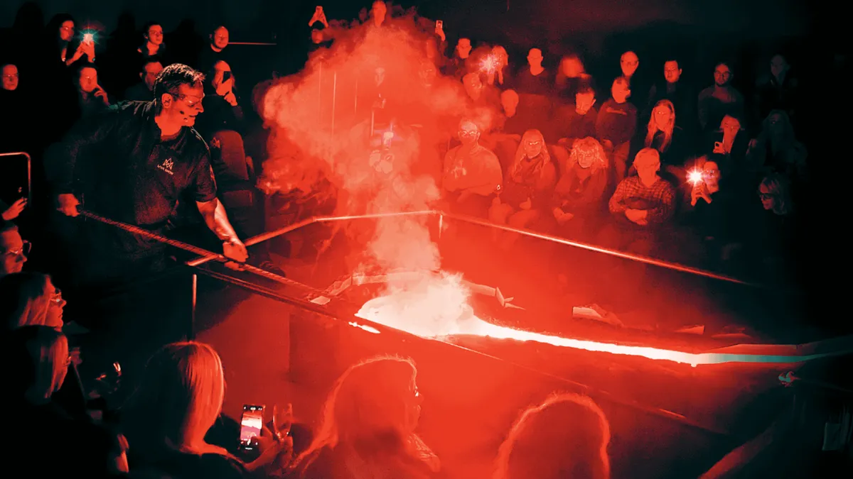 Molten lava poured in front of the audience at the Lava Show in Vík, Iceland, a daytime alternative to northern lights watching